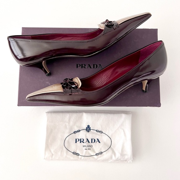 PRADA | Burgundy Brown Beige Patent Leather Bow Kitten Heel Pointed Pumps EU 38 - Picture 1 of 11